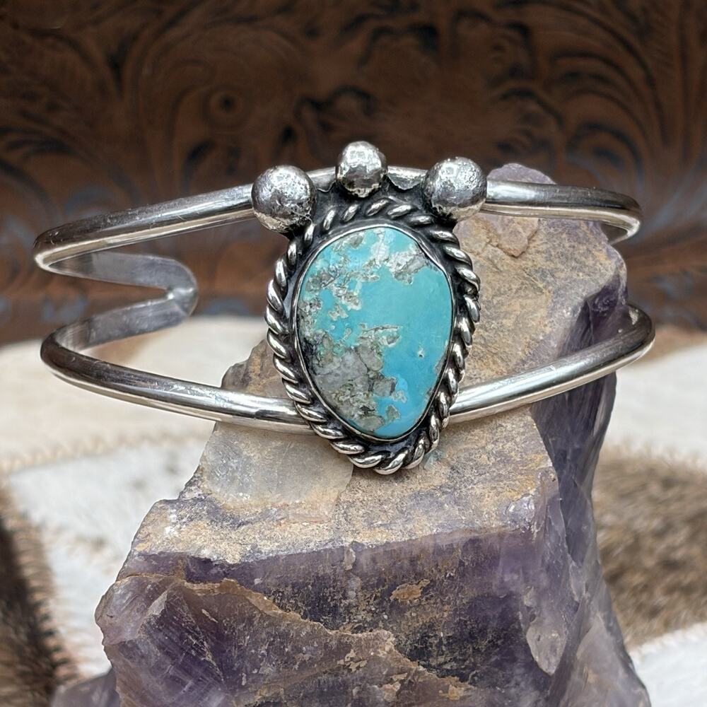 Native American Sterling Silver Turquoise Two Band Cuff Bracelet Women’s Sz 6.5